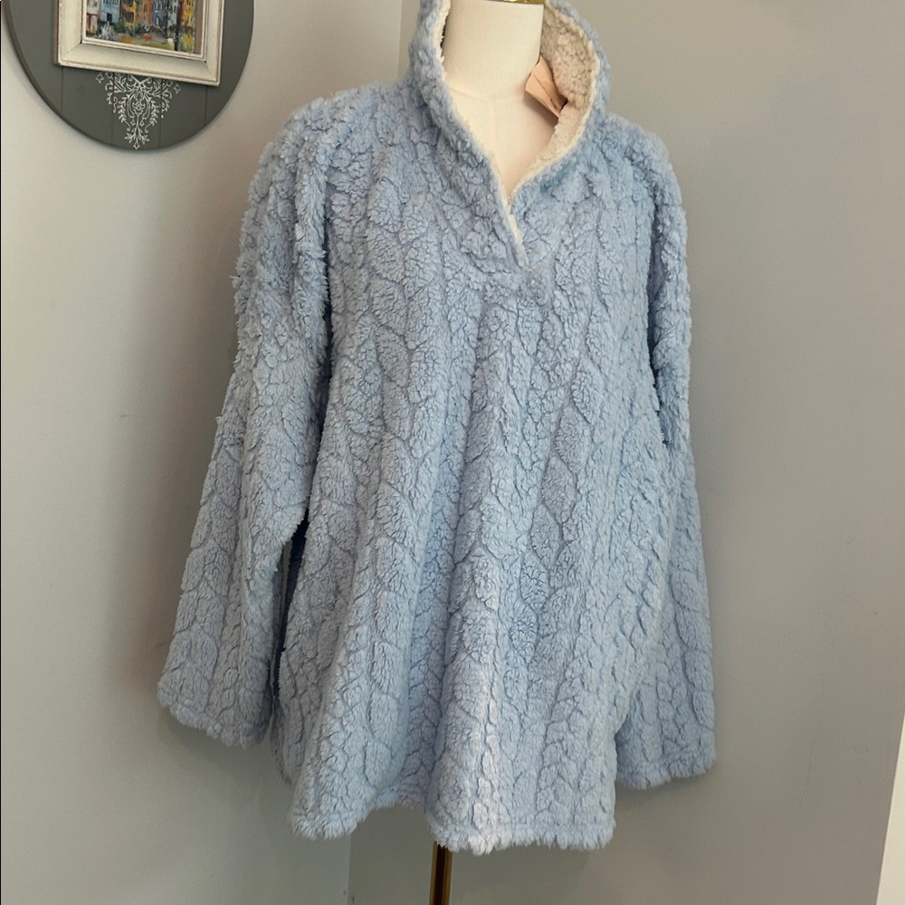 Blue Faux Fur Sherpa Pullover V-Neck Lounge Sweater Cozy & Soft Inside & Out 2XL